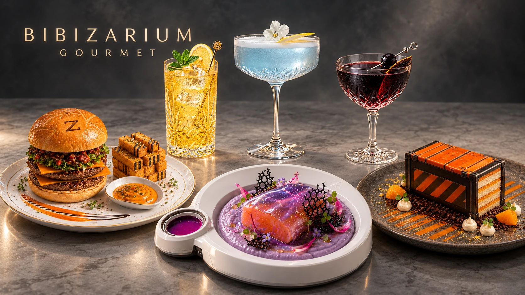 Bibizarium Gourmet: a burger, nebula salmon, orange cargo cake and three colourful cocktails on a simple grey background